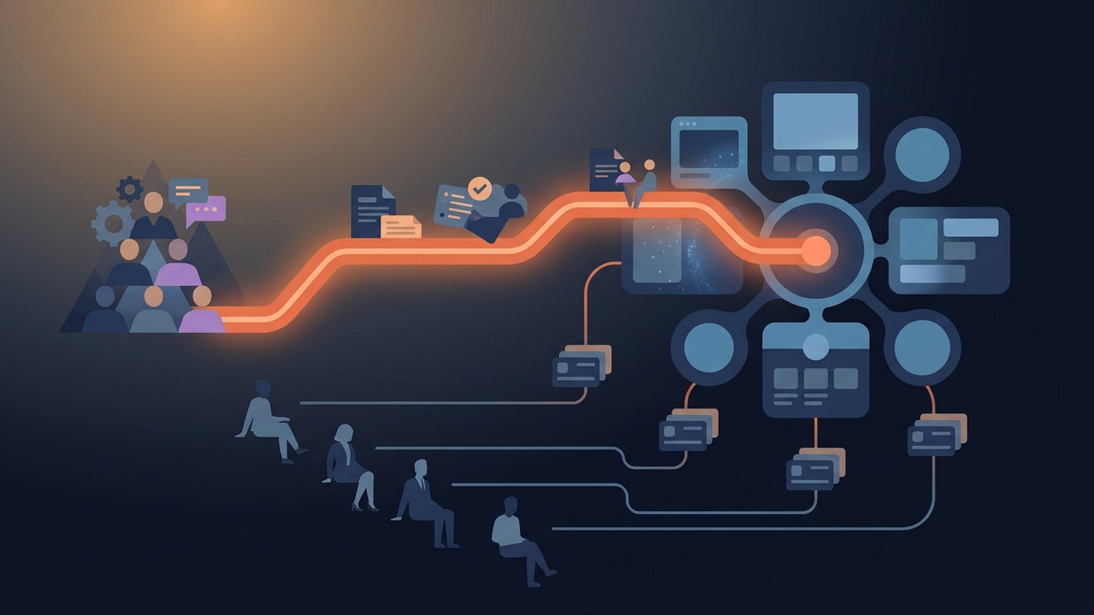 Concept diagram on a dark background: a thick glowing orange line runs from a group of people at the left into a central hub, carrying documents along it, while four seated figures below each connect by their own thin line to a separate small stack of cards at the hub