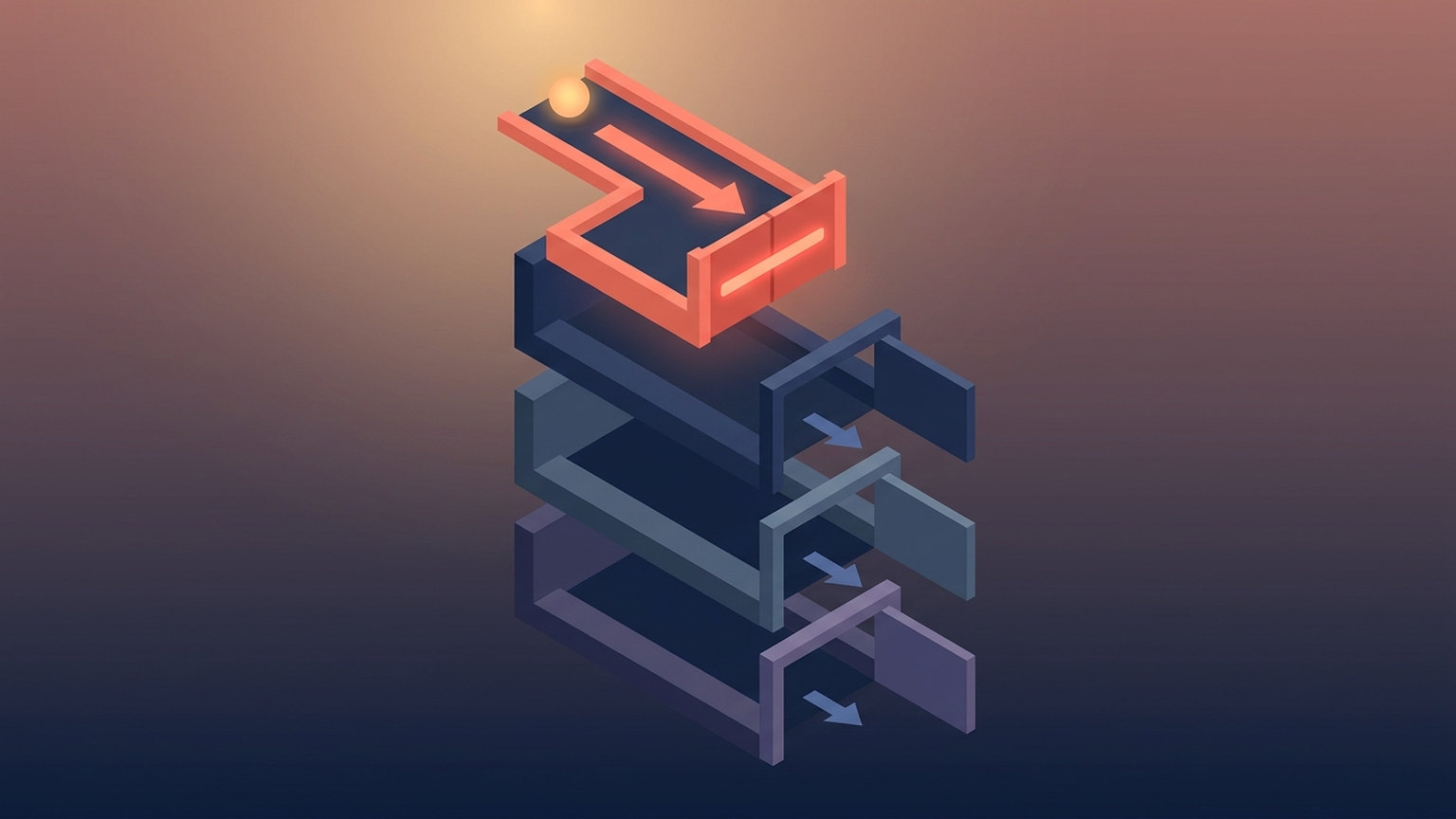 An isometric stack of gate frames, the topmost lit and closed in front of a small glowing token, with three dimmer gates receding below it