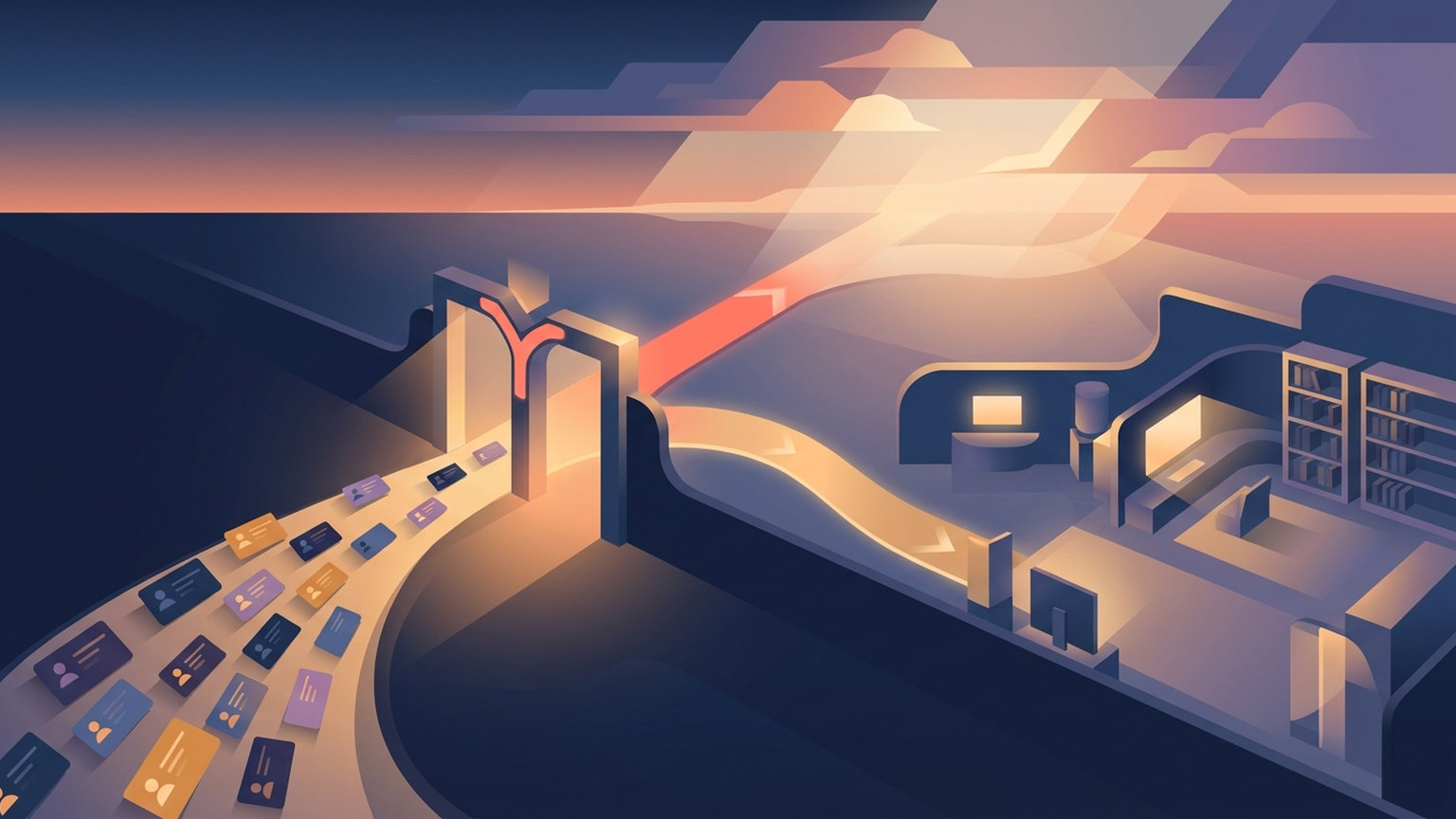 Stylized contact cards flowing along a lit path toward a single gate marked with a forking arrow, with a lit interior beyond it