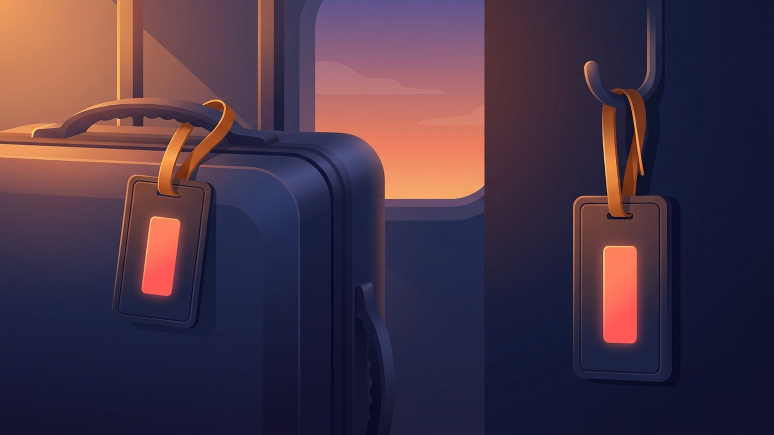 Two identical luggage tags side by side, one attached to a packed suitcase and one hanging on an empty hook, illustrating that the same label can mean two different things
