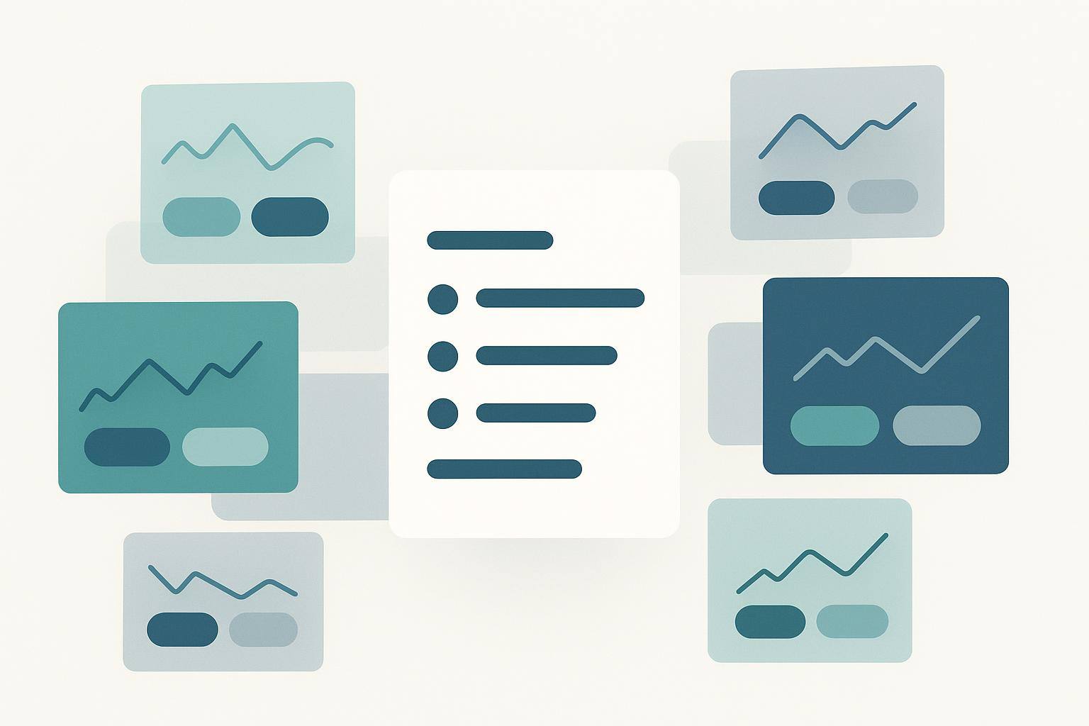 Six faded dashboard panels showing different chart shapes surround one sharp, plain prioritized list card in the center — many conflicting views resolving into a single worklist
