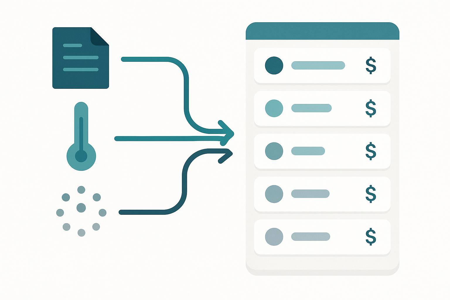 Concept diagram: three source streams — a contract document, a cooling thermometer, and a fading ring of dots — feed arrows into one vertical queue of uniform rows, each with a severity dot and a dollar token, sorted largest first