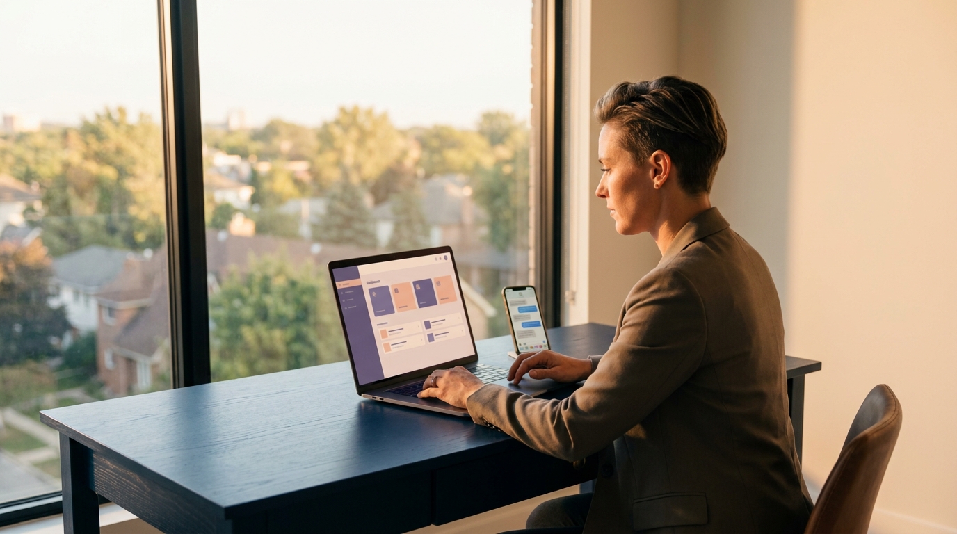Real estate agent on a laptop reviewing a lead pipeline dashboard with action plan steps highlighted, inside a modern home office