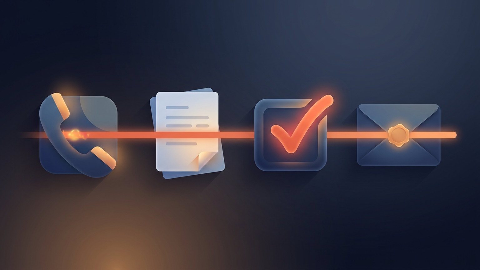Four connected tiles in sequence showing a phone handset, a document, a checkbox and an envelope, linked left to right by amber arrows