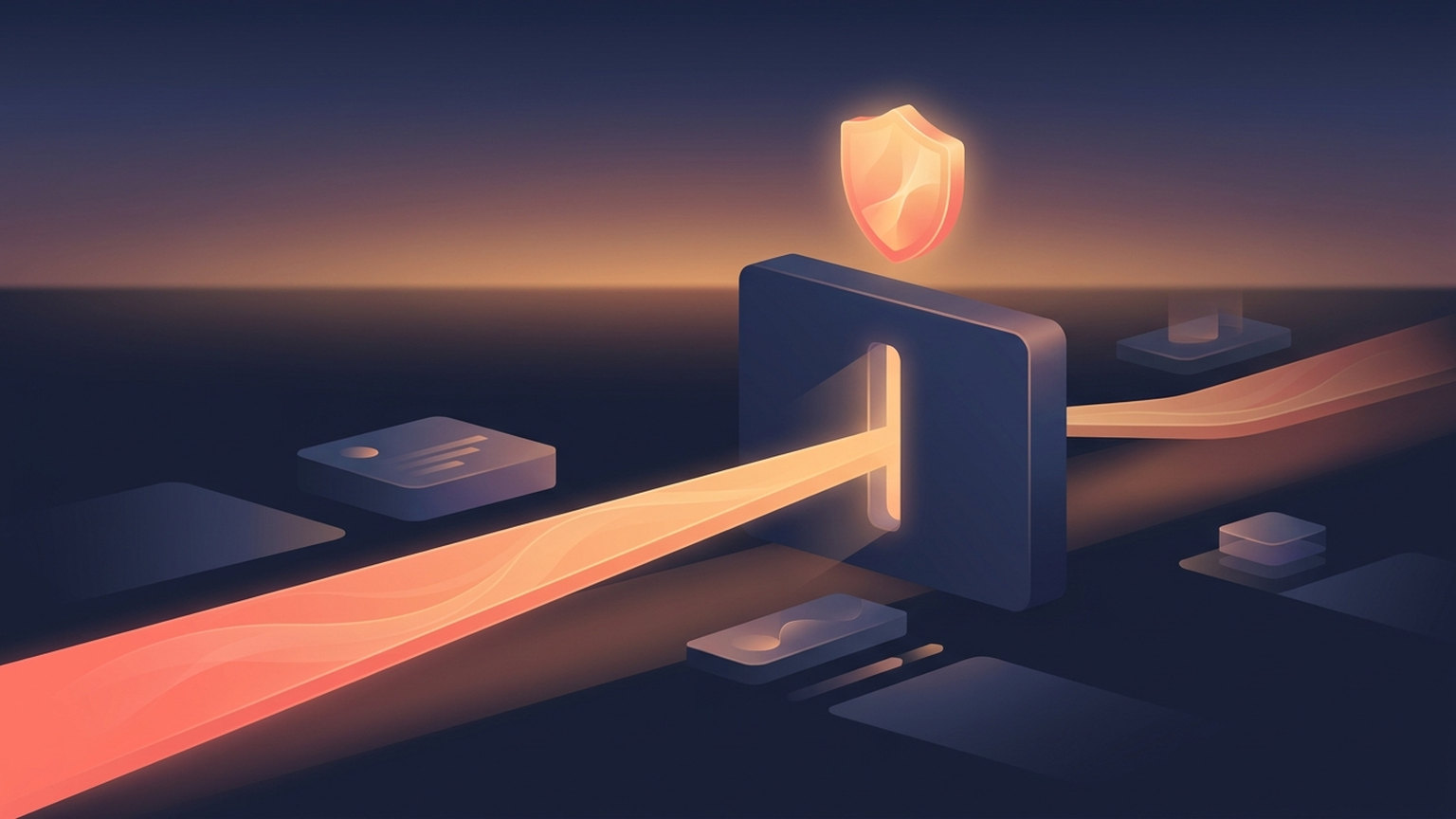 A warm amber line passing through a narrow slot in an upright deep navy barrier, a softly glowing shield above the slot marking the review gate