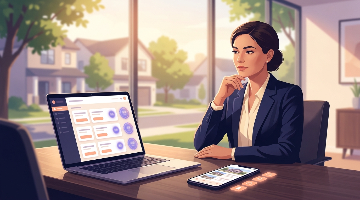 Real estate agent reviewing an AI-generated task list on a laptop, with lead cards and follow-up reminders displayed on screen