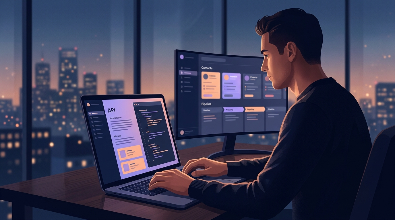 Developer reviewing Follow Up Boss API documentation on a laptop alongside a real estate CRM dashboard