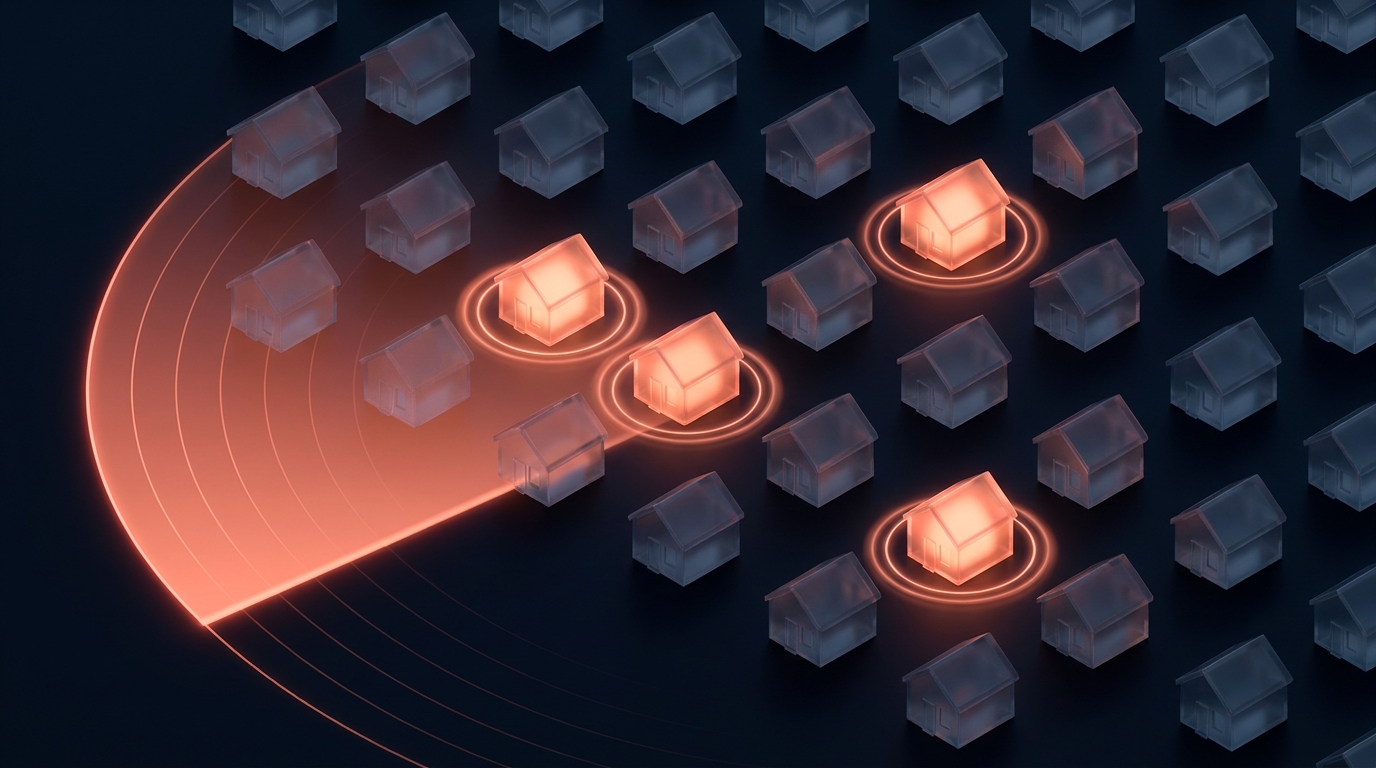 A neighborhood map at dusk with a radar sweep passing over rooftops and three homes glowing as likely sellers