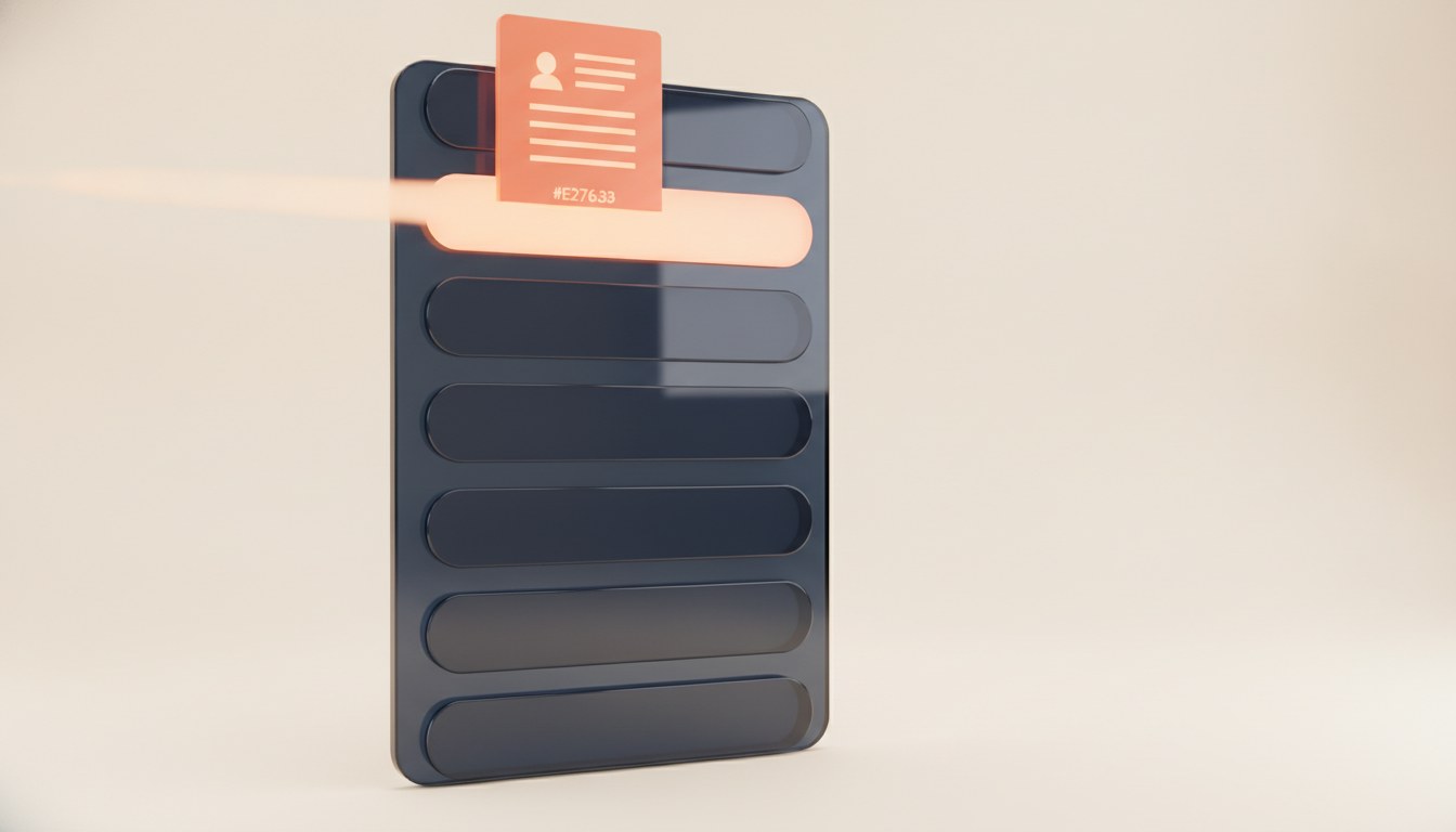 A glowing report document sliding into the top slot of a dark CRM queue panel, the slot lighting up as the lead arrives