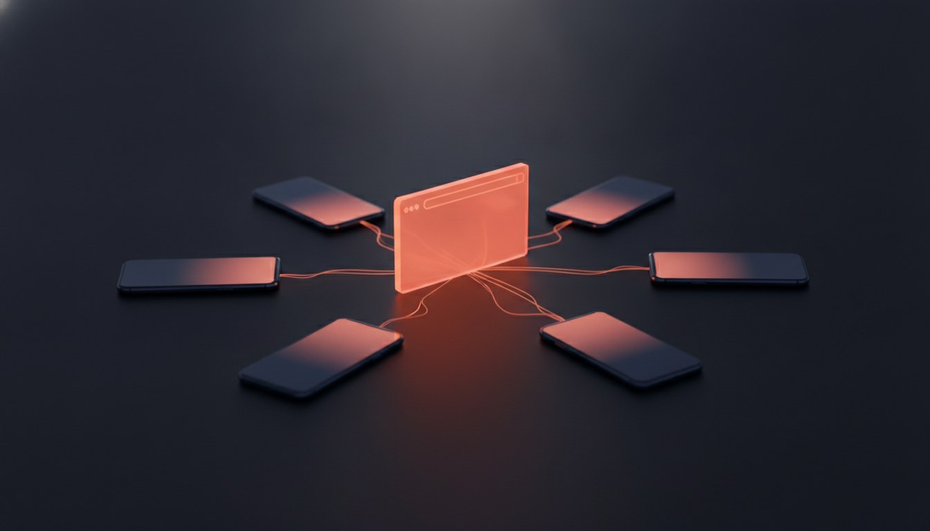 One glowing page at the center with light threads radiating out to six phones arranged around it
