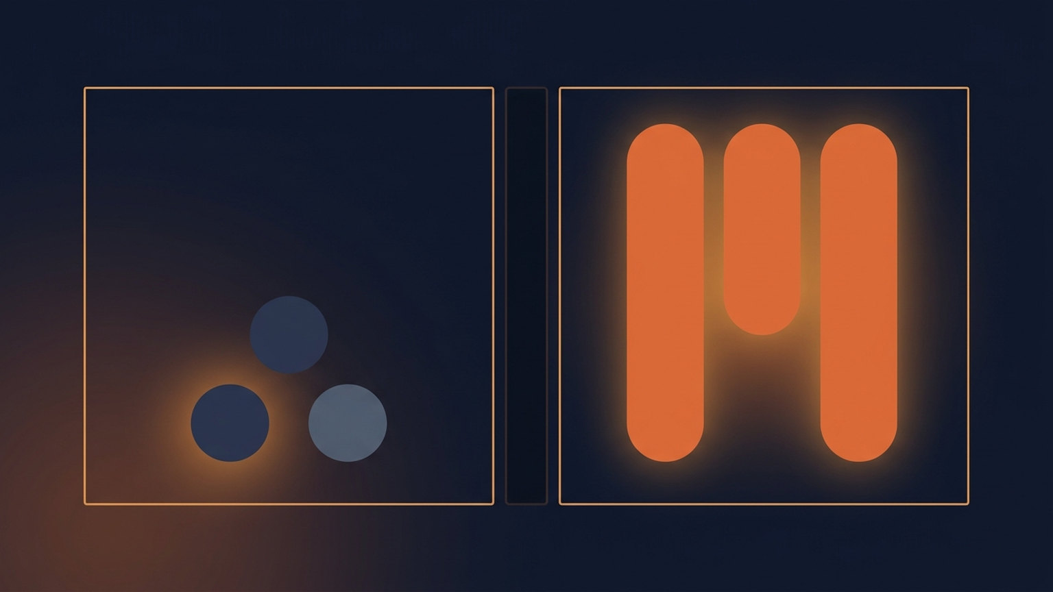 Two side-by-side panels: on the left, three small dark circles sitting low in a tall empty frame; on the right, three tall bright bars filling the same frame from bottom to top — the same idea drawn against a shrunken vertical scale