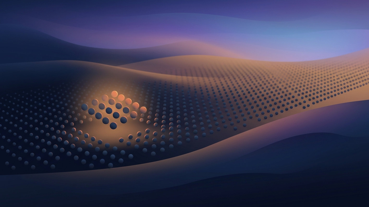 A vast field of thousands of small identical dots stretching into the distance, with one small cluster near the front lit warmly and standing apart from the rest
