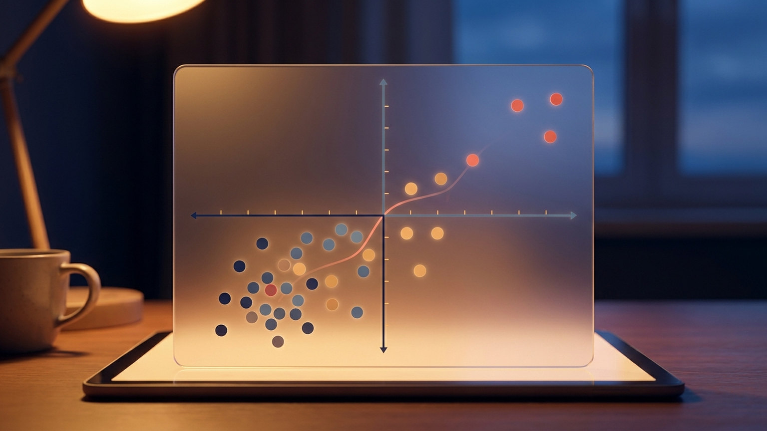Conceptual illustration of contacts plotted on two axes: a dense low cluster of dark dots toward the lower left and a few bright dots high on both axes at the upper right