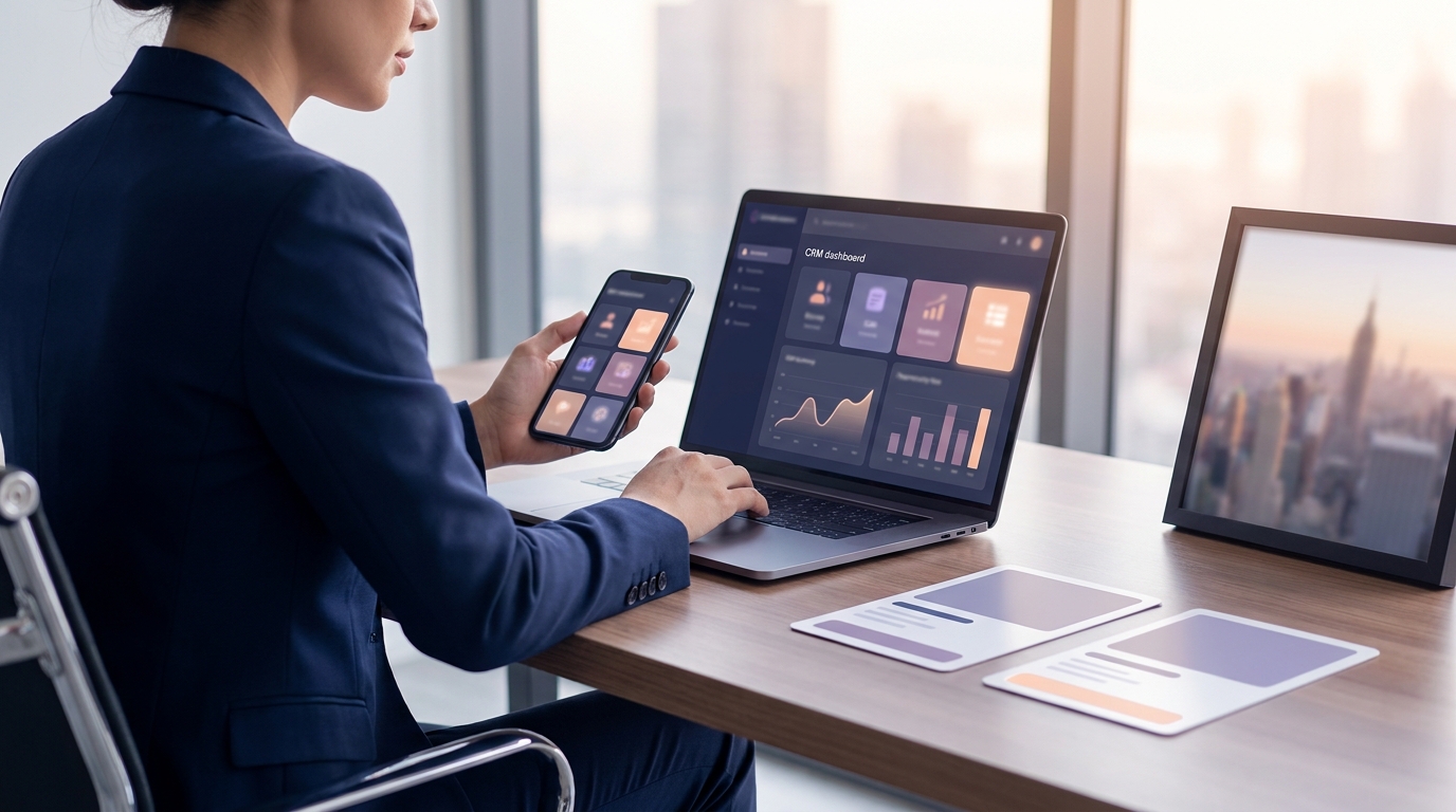 Real estate agent reviewing automated follow-up sequences on a laptop with a Follow Up Boss CRM dashboard open