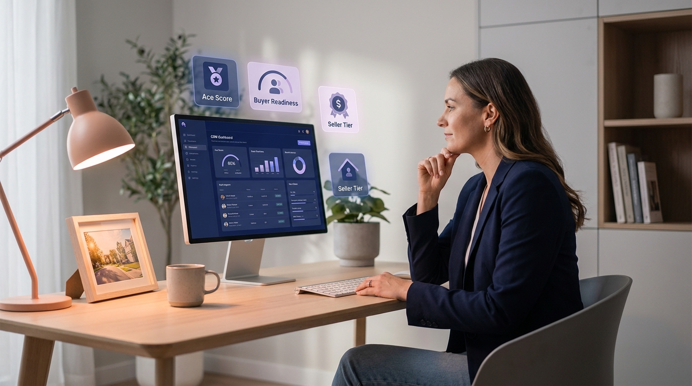 Real estate agent reviewing AI-populated custom fields on a Follow Up Boss contact card showing Ace Score, Buyer Readiness, and Lead Summary fields