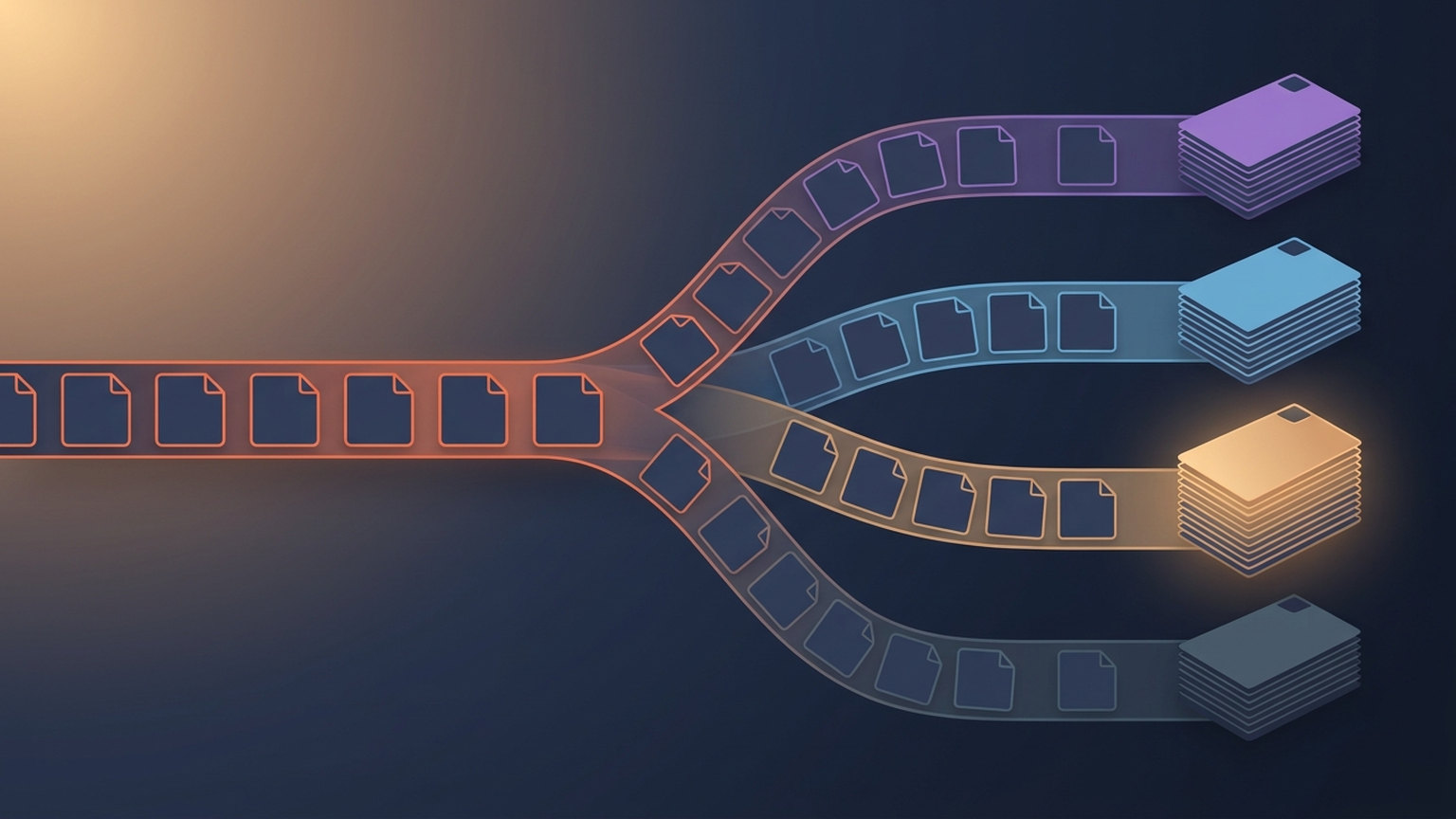 Abstract diagram: a single orange stream of document cards flowing in from the left splits into four colored lanes, purple, blue, gold and gray, each ending in its own stack of cards