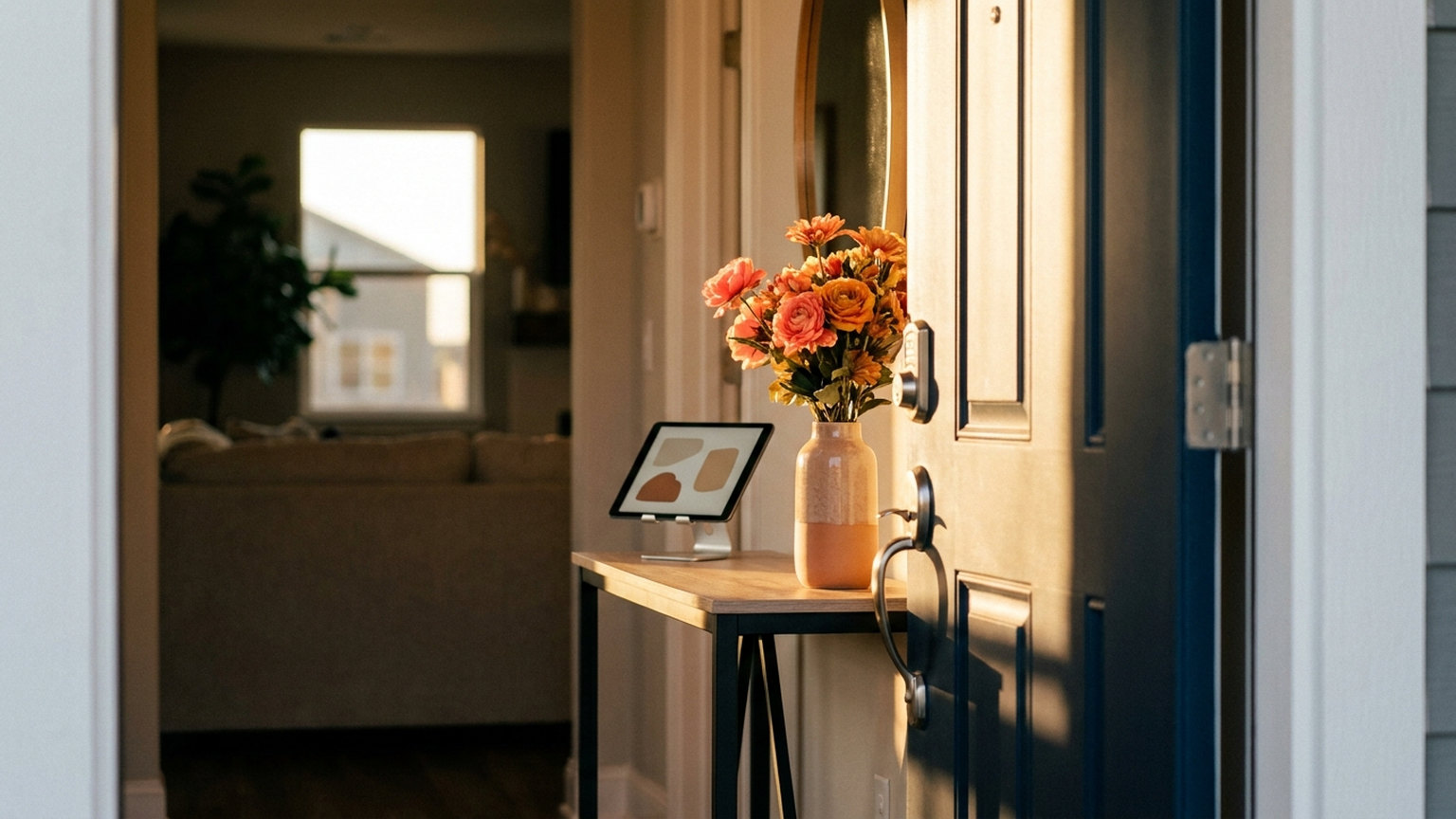 The open front door of a staged home in warm late-afternoon light, with a tablet on a stand and a vase of orange flowers on a narrow entry table just inside
