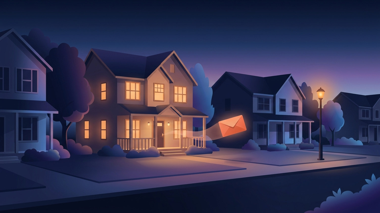 Illustration of a suburban street at dusk: one house with warm lit windows sends a glowing orange envelope floating toward the darker house next door, under a single lit streetlamp