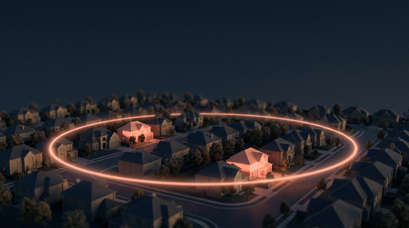 A quiet neighborhood at dusk with a couple of homes lit up in warm light — the likely sellers already sitting in your database