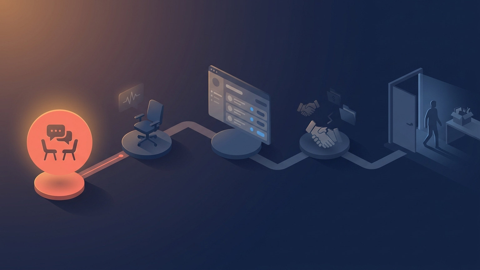 Isometric illustration of a path running left to right: a glowing orange marker with two chairs and speech bubbles at the start, then an empty office chair, a computer screen showing a contact list, a handshake, and an open doorway with a figure walking through it beside a box of belongings