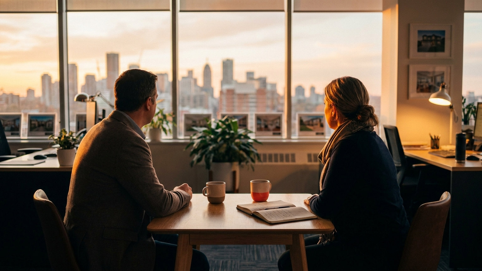 Two people sitting across a small wooden table in a brokerage office at sunset, two coffee mugs and an open notebook between them, a city skyline through the windows behind them