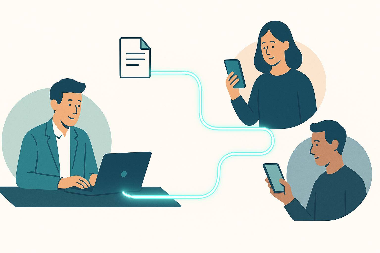 Illustration of an agent at a laptop sending a document link to a client's phone, with the link branching onward to a second person's phone