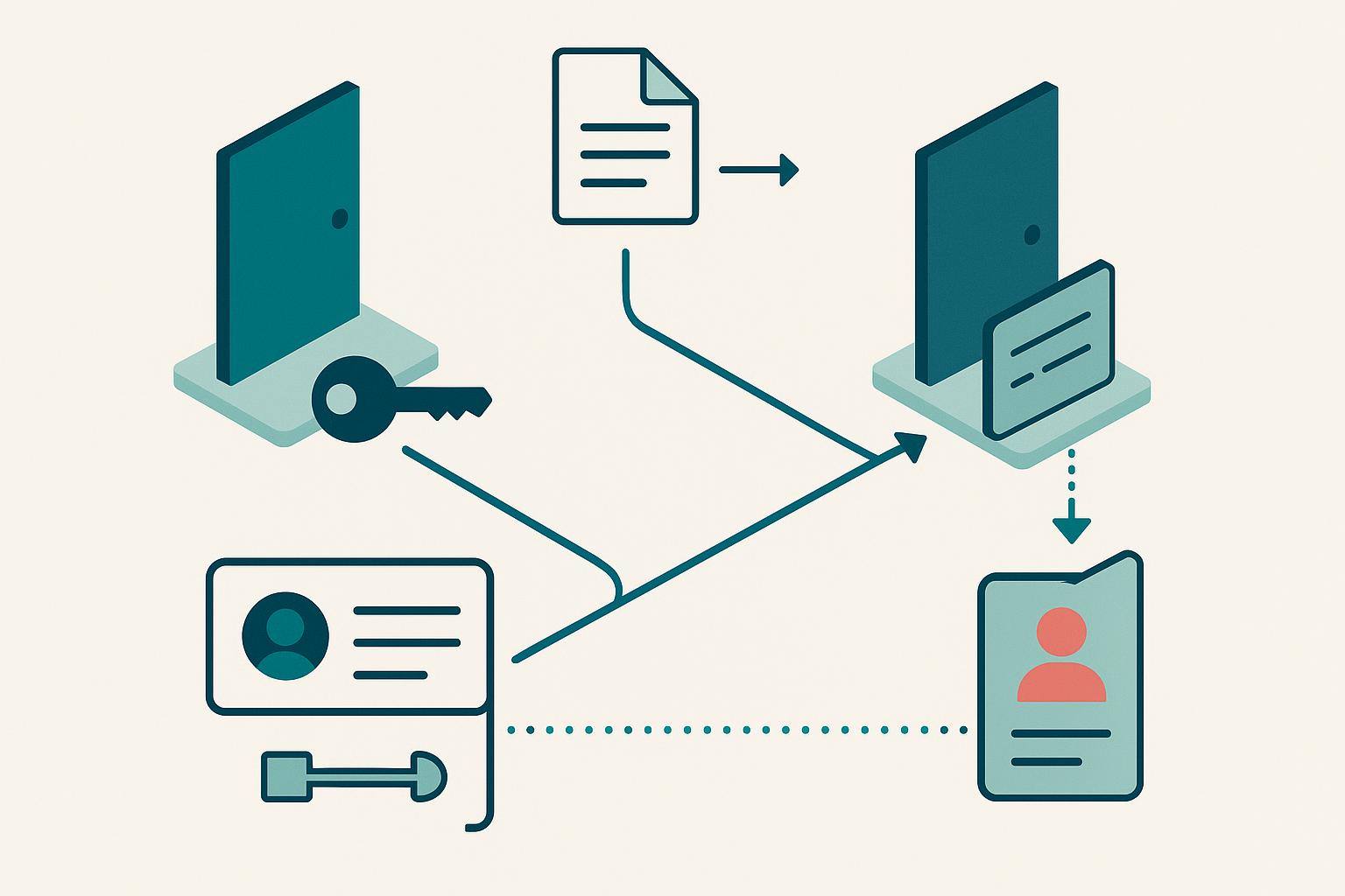 Abstract diagram of a document reaching two doors: one door opened by a key beside a contact card, the other fronted by a small form card that leads to a new contact card linked back by a dotted line