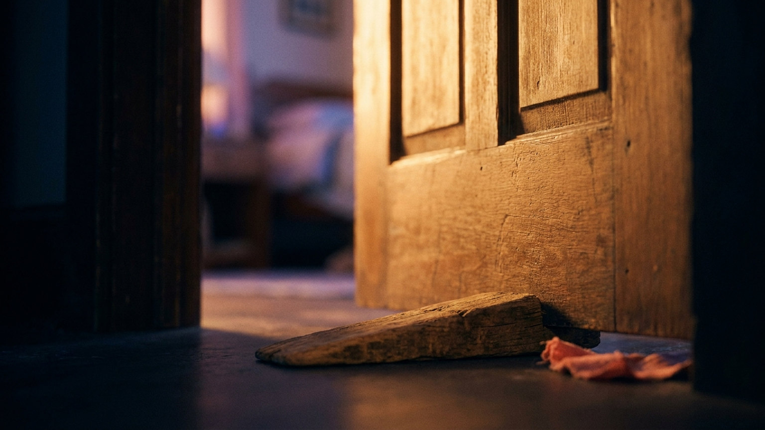 Close-up of a panelled wooden door propped open by a worn wooden wedge on the floor, with warm light raking across the near face of the door.
