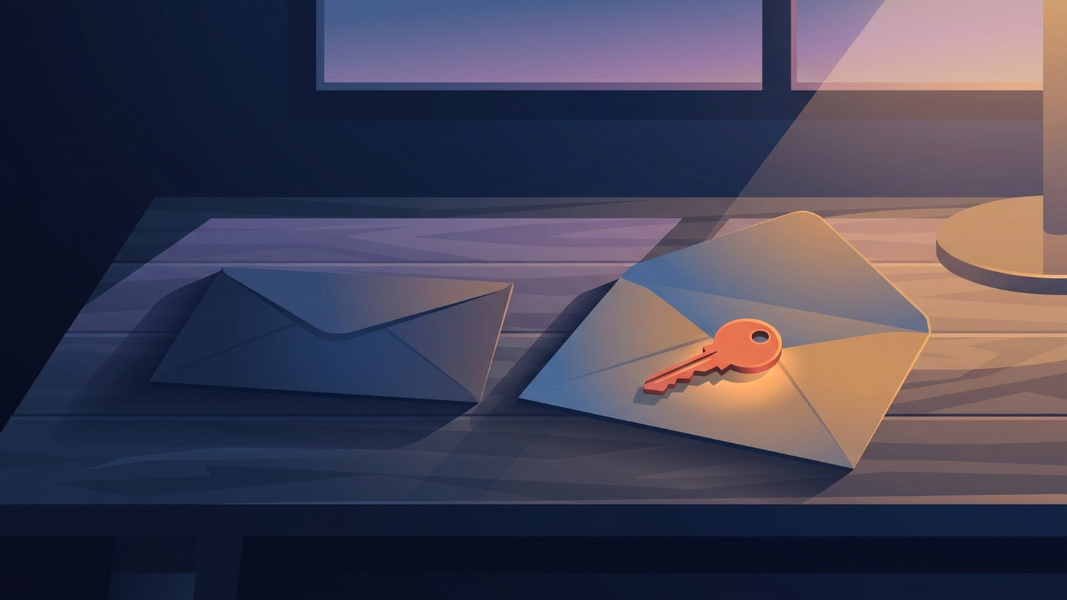 Illustration of two envelopes on a wooden table at dusk — one sealed and blank in shadow, the other lying open in a shaft of warm light with a single house key resting on it.