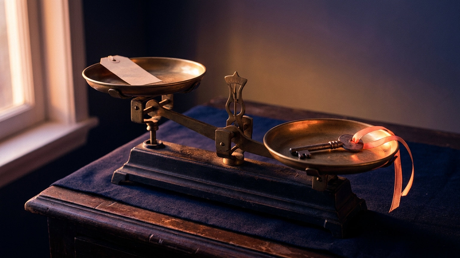 A brass balance scale on a dark cloth-covered table by a window. The raised left pan holds a single blank paper tag; the lowered right pan holds an iron house key with a coral ribbon tied through it
