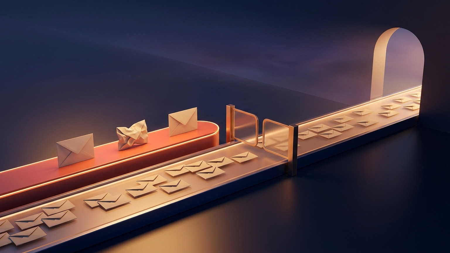 A long conveyor belt of pale envelopes running toward a lit archway; on a raised coral ledge alongside it three envelopes stand apart from the flow, one of them crumpled, with a small brass gate beside them standing open onto the belt