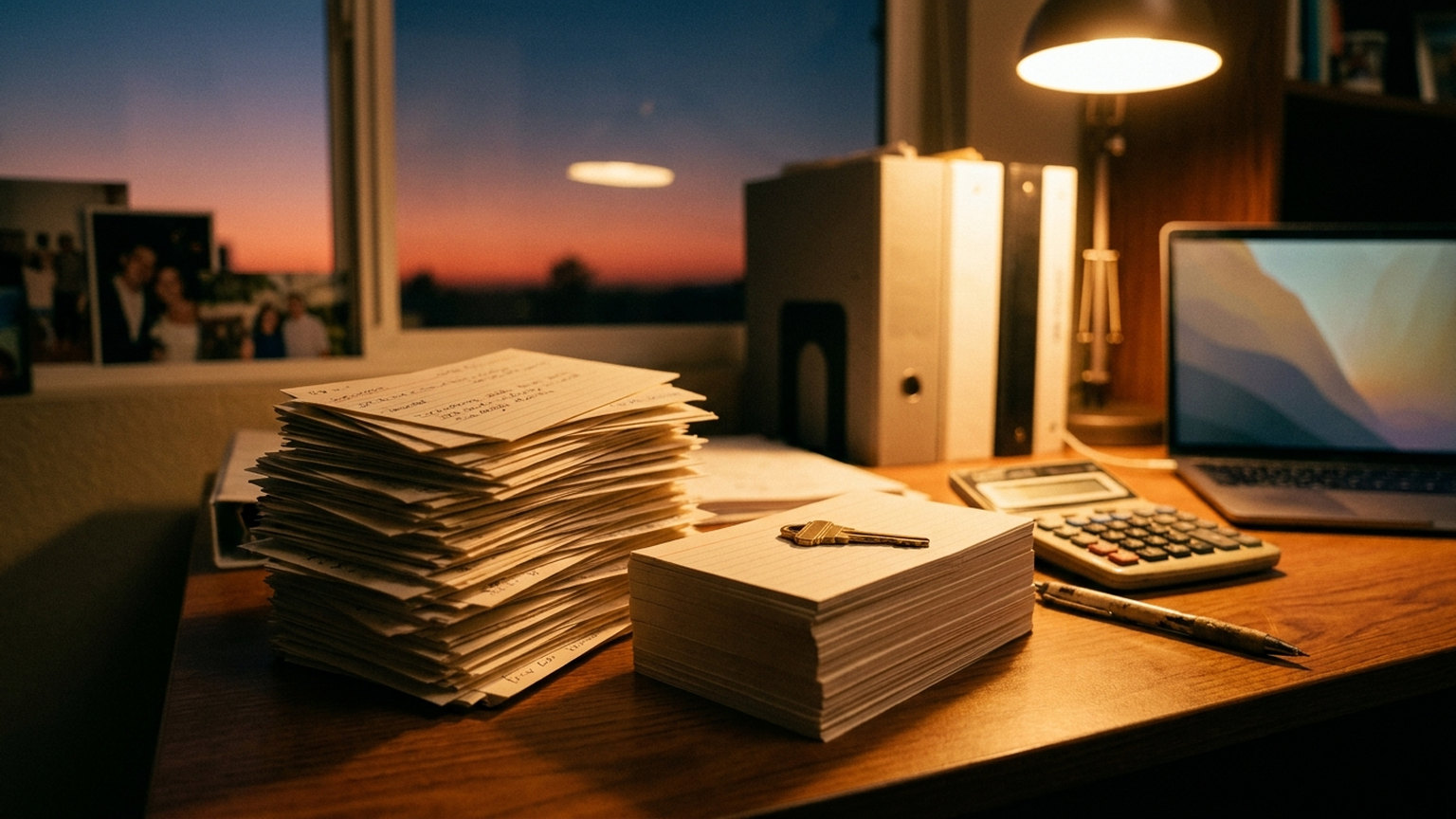A wooden desk at dusk with a tall, messy stack of handwritten index cards next to a short, neat stack with a house key on top, a calculator and a pen beside them and a laptop under a desk lamp