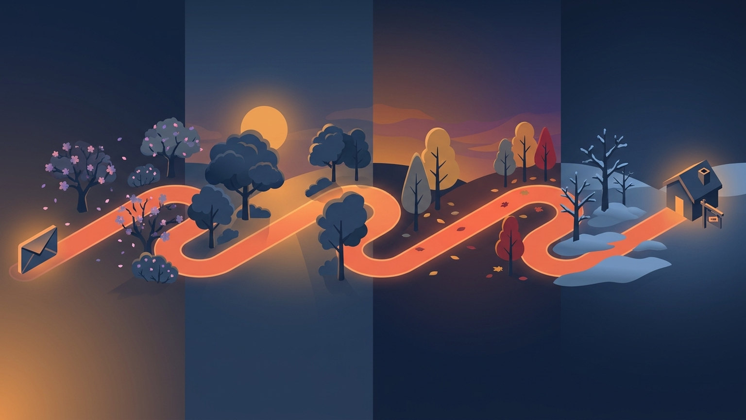 Illustration of a glowing orange road winding left to right through spring blossoms, summer sun, autumn trees and winter snow, starting at an envelope on the far left and ending at a small house with a sign in the snow on the far right
