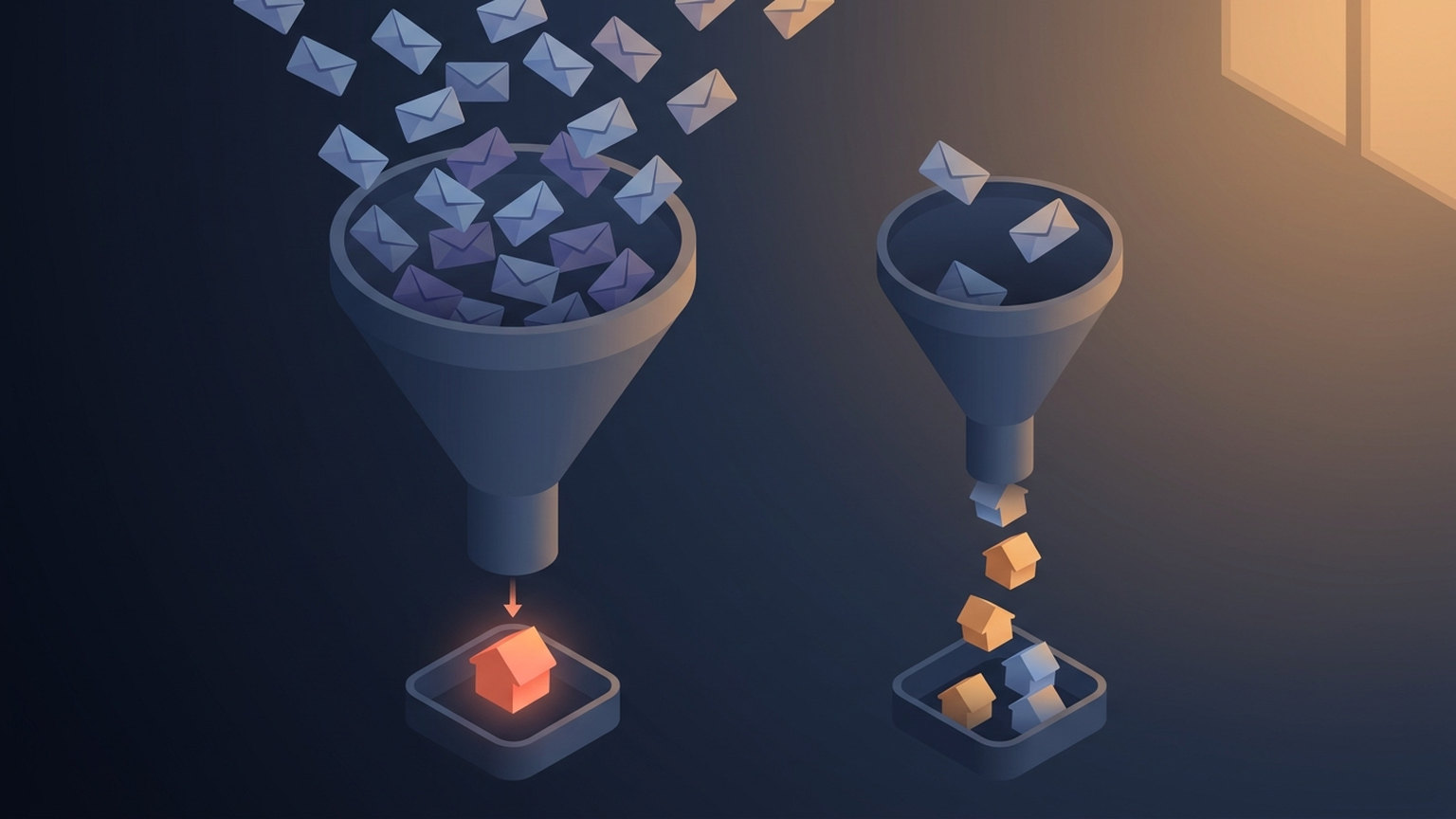 Illustration of two funnels side by side: a wide funnel overflowing with envelopes that drops a single glowing house out of the bottom, and a narrow funnel holding only three envelopes that drops several small houses into a tray below