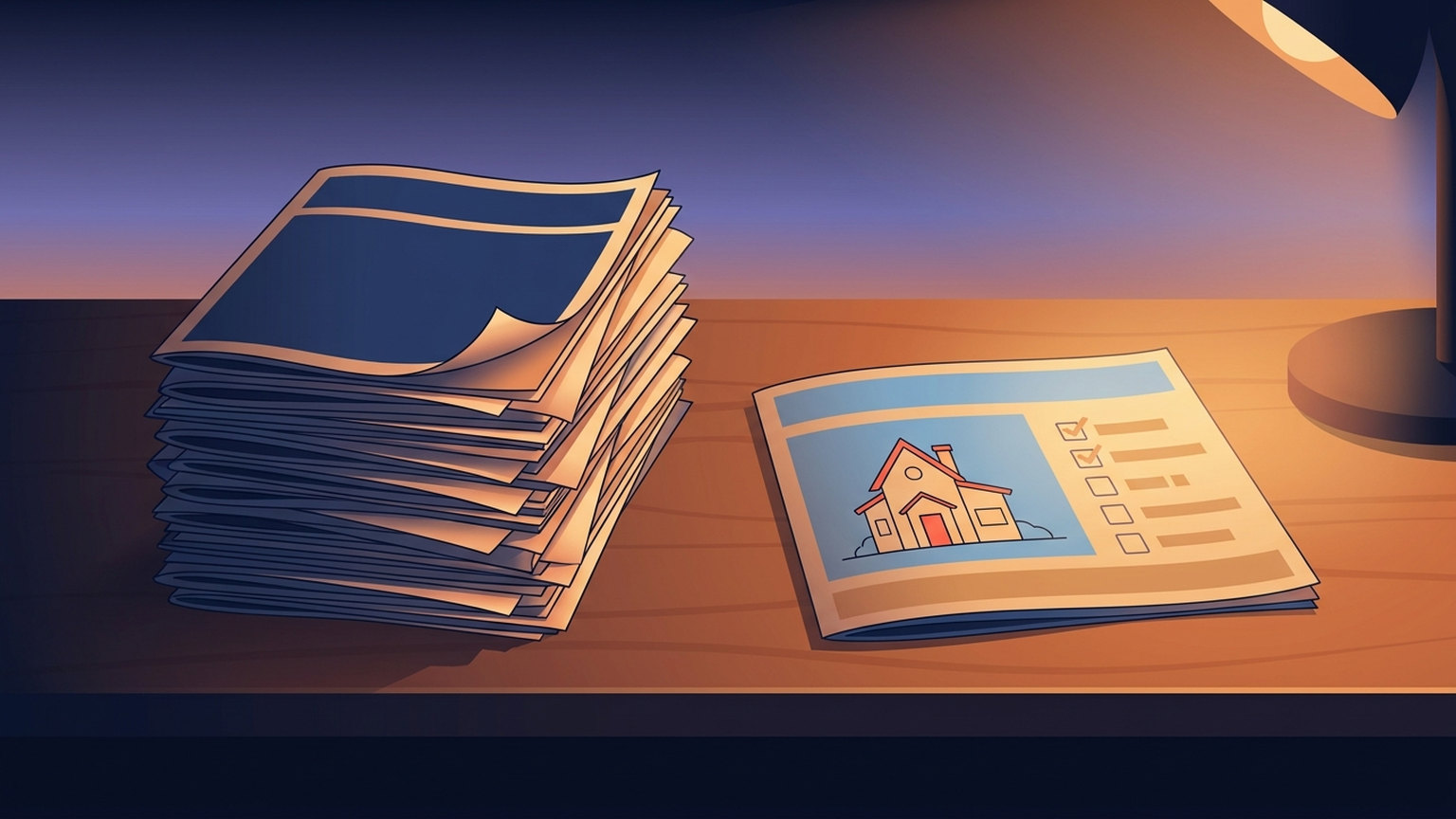 Illustration of a tall untidy stack of identical newsletters with blank covers on the left of a desk, and on the right a single folded card showing a line drawing of one house beside a short checklist with two items ticked