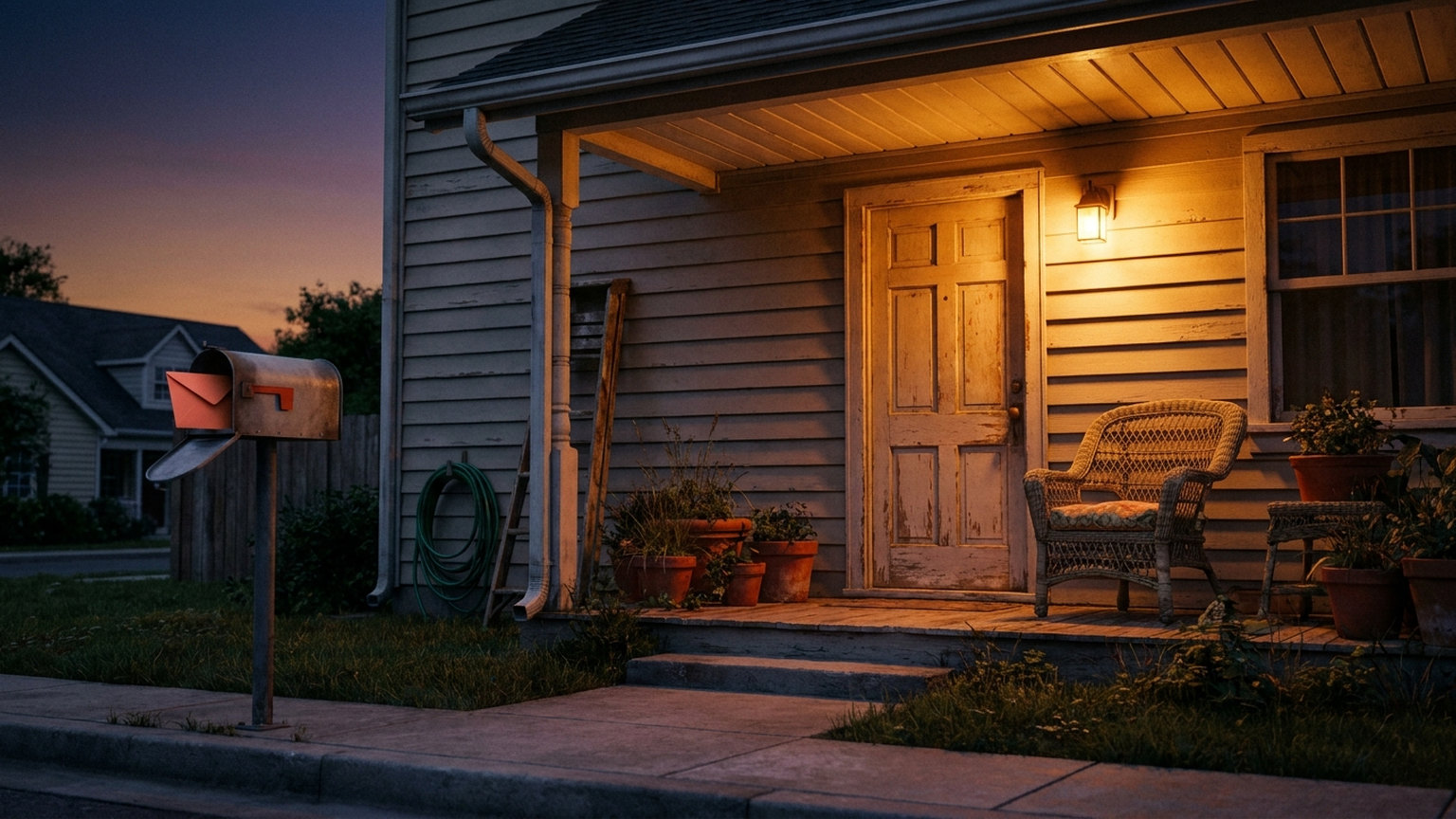 The front porch of a clapboard house at dusk with the porch light on, a garden hose and a wooden ladder against the wall, and a mailbox at the curb with an orange envelope sticking out of it