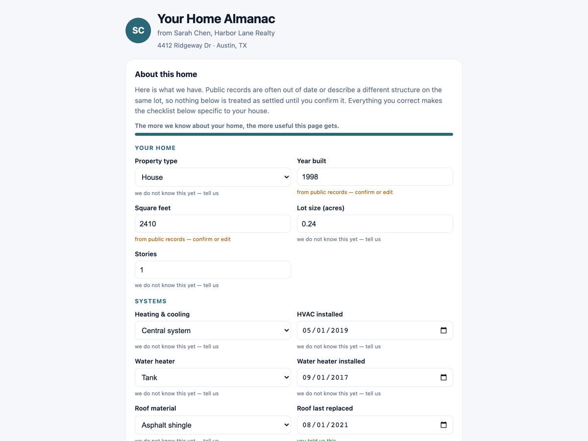 Screenshot of a Home Almanac page for 4412 Ridgeway Dr in Austin, Texas from agent Sarah Chen of Harbor Lane Realty, showing an About this home form with year built and square feet marked from public records, confirm or edit, and fields like lot size marked we do not know this yet, tell us
