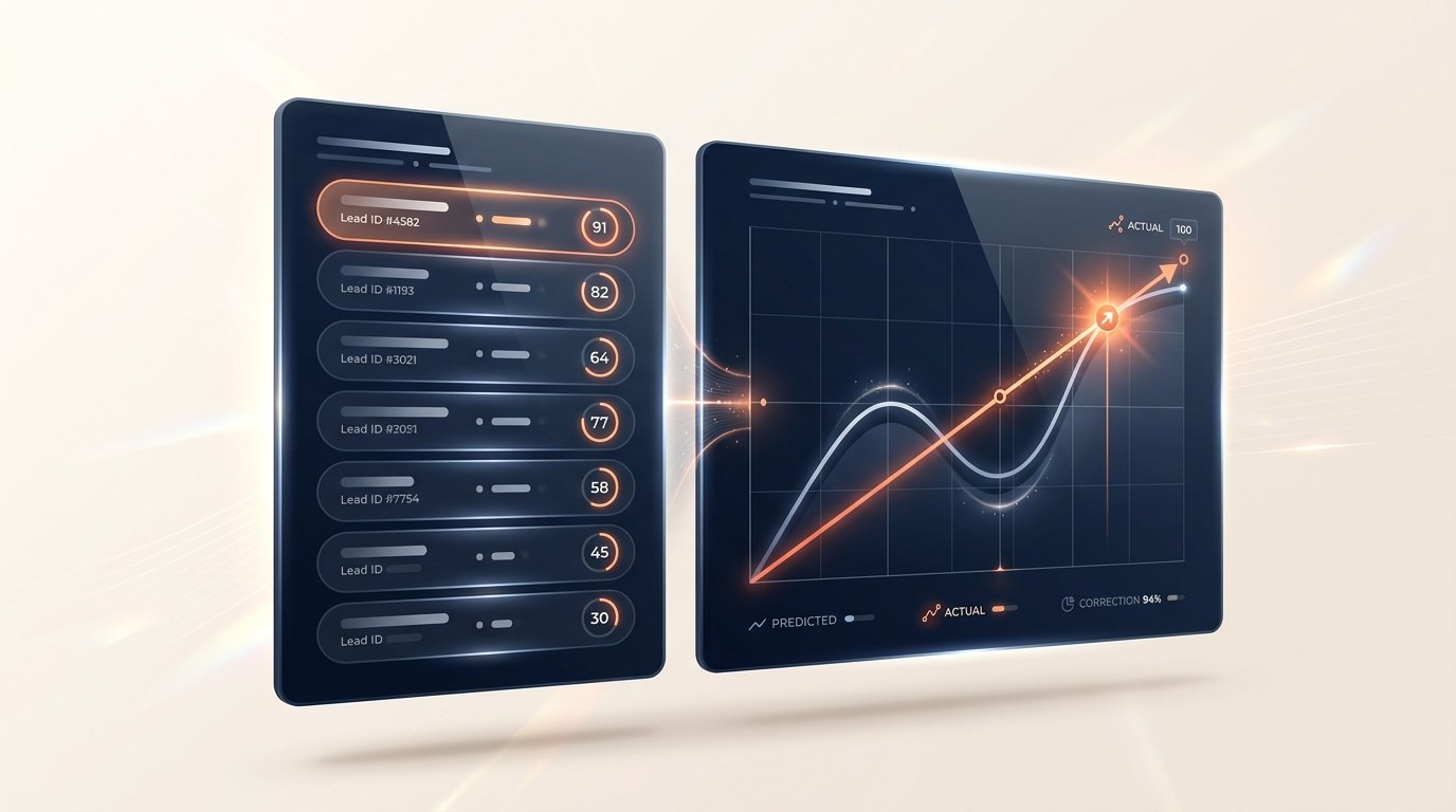 Ace Trove dashboard showing calibrated predictive lead scores beside each Follow Up Boss contact, with a nightly calibration accuracy graph in the background