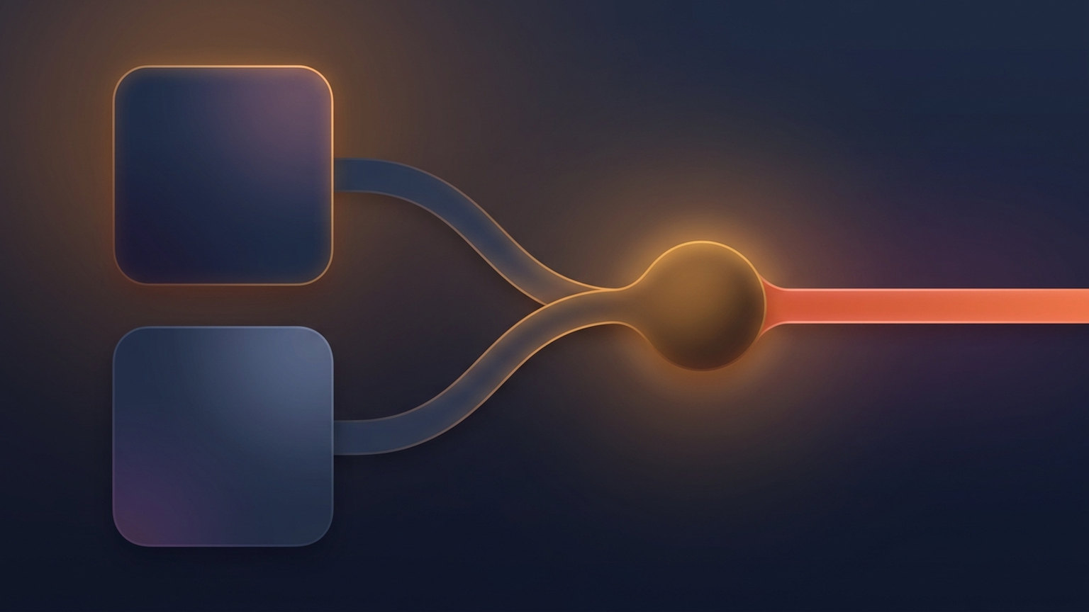 Diagram showing two rounded app tiles on the left feeding curved lines into a single glowing amber bar, which fans out on the right into many thin parallel lines representing a large set of connector tools