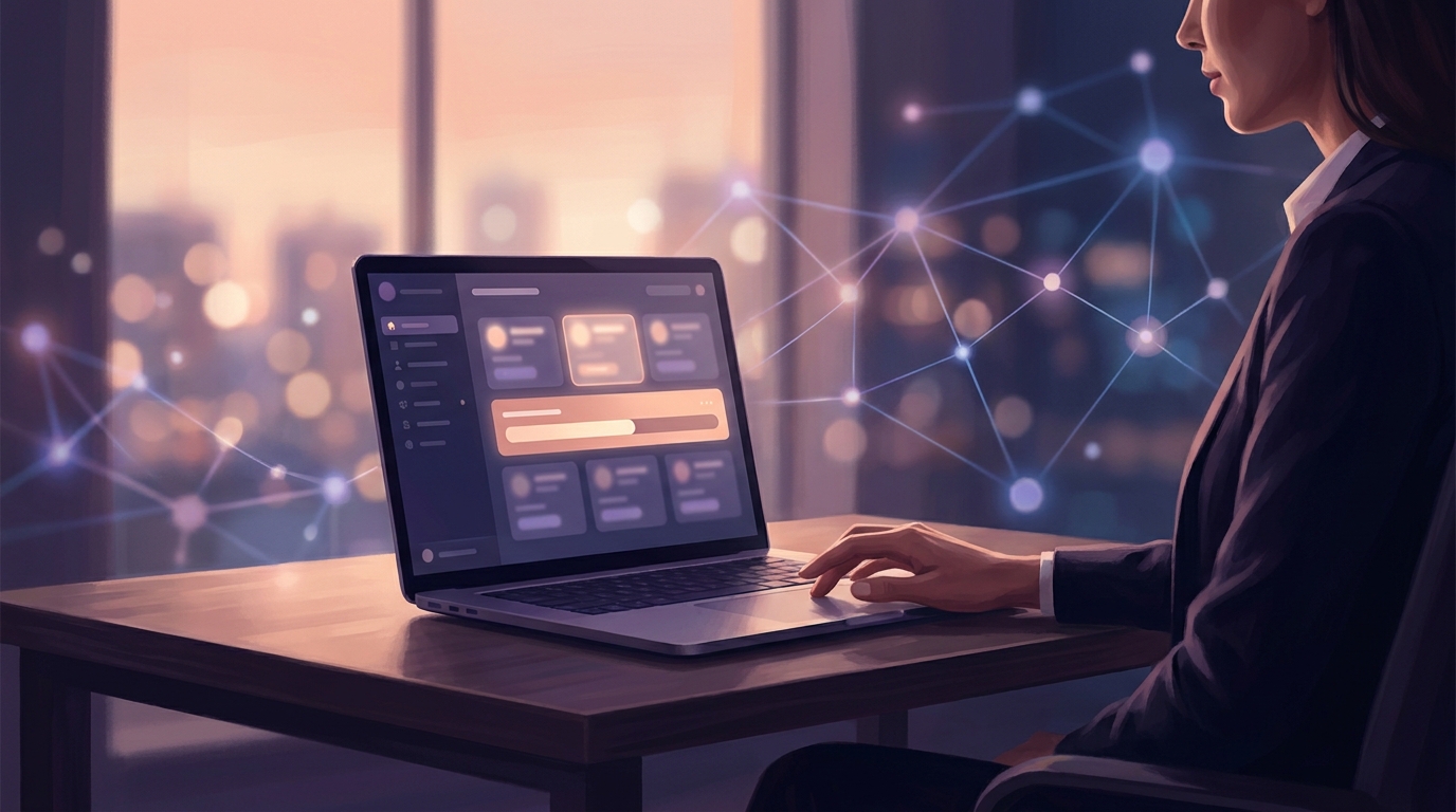 A real estate agent reviewing AI-scored lead cards on a laptop with Follow Up Boss open, surrounded by contact activity graphs and automation workflow diagrams on a modern desk setup