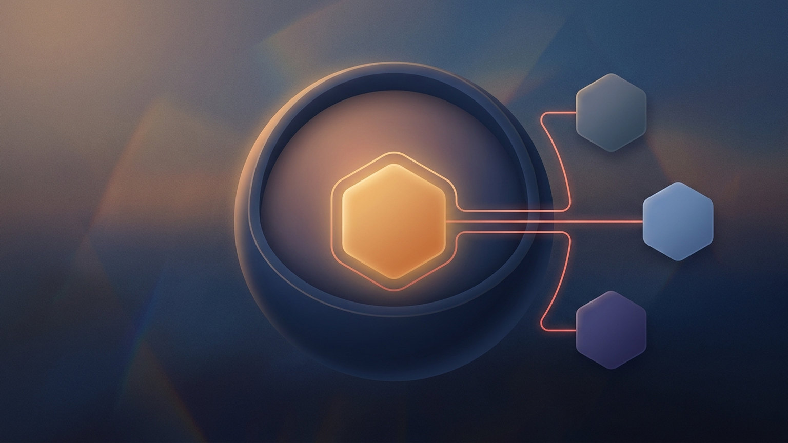 Diagram of a CRM shown as a dark rounded container with a single amber hexagon embedded inside it, while separate teal circles outside connect inward and outward through dashed arrows