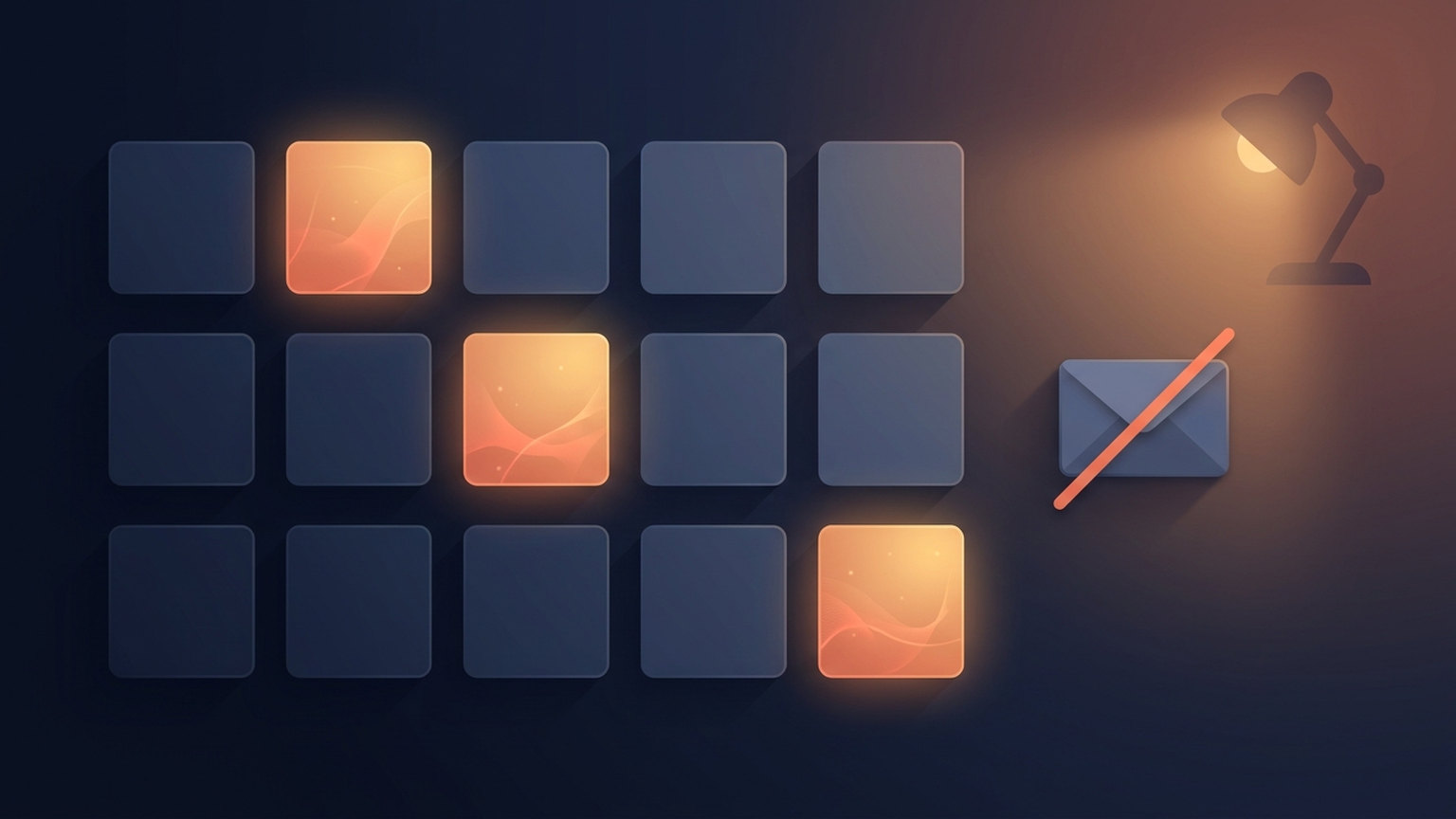 Diagram of a grid of twelve calendar squares with only three lit up, beside an envelope icon crossed through by a diagonal line
