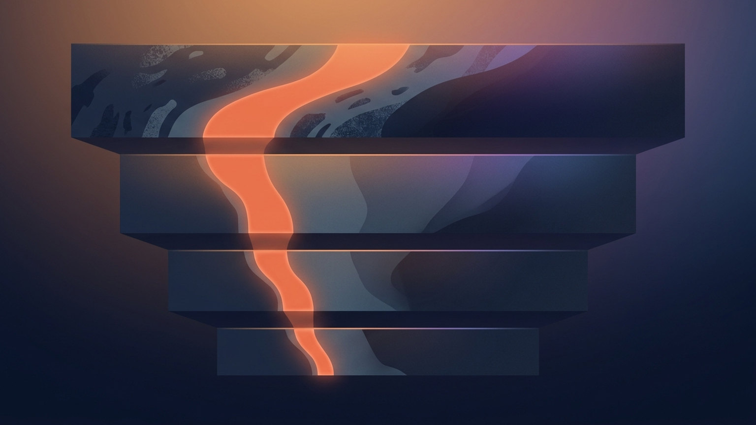 Diagram of four stacked bands narrowing from a wide top band to a much thinner bottom one, with a single bright thread running down through all four