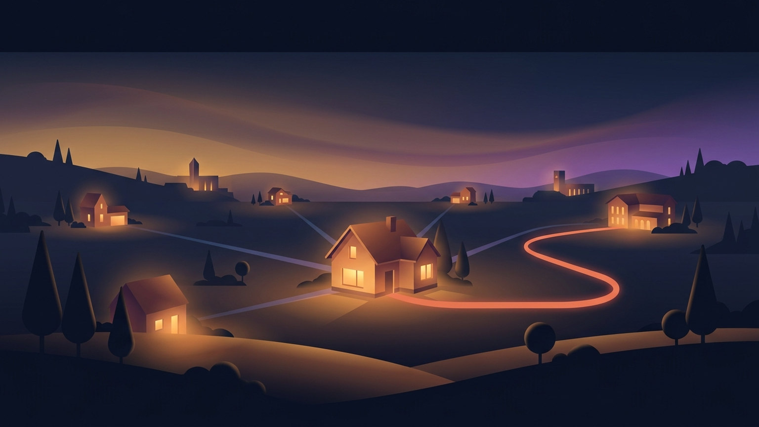 Illustration of one lit house at the centre of a dusk landscape with faint pale lines running out to neighbouring houses and a single bright path curving back from a distant house