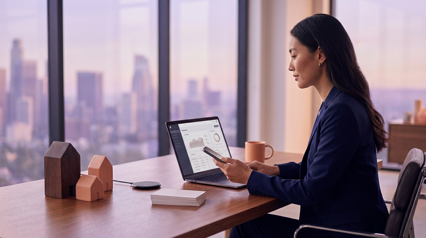 Real estate agent using AI voice chat tool on headset at desk