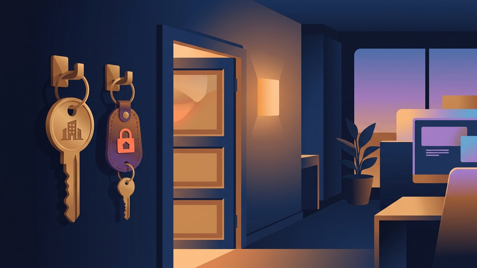 Illustration of two keys hanging on hooks beside an open office door: a large brass key stamped with a building emblem, and a smaller key on a leather fob marked with a padlock