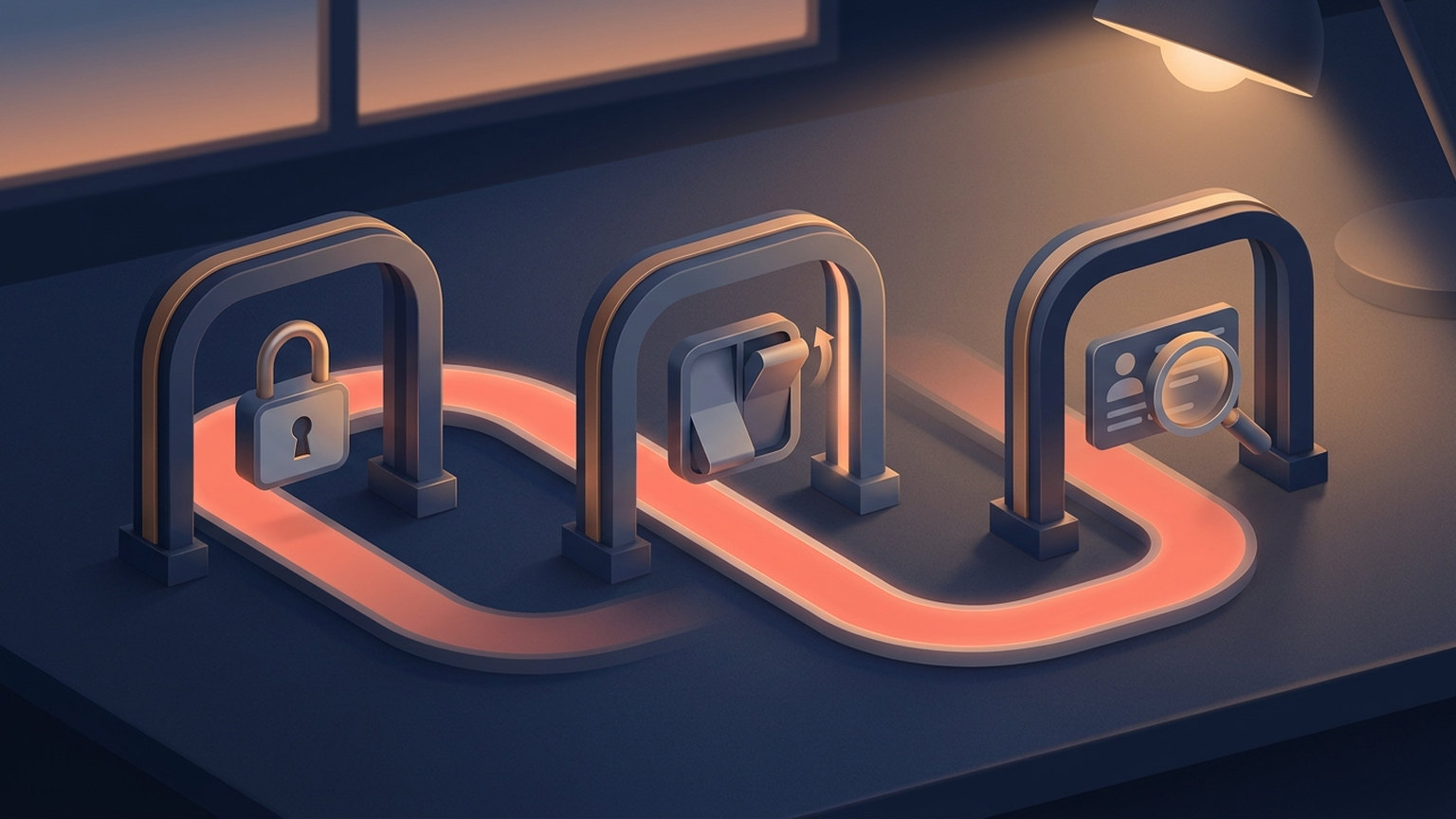 Isometric illustration of a glowing path running through three archway gates on a desk: the first gate holds a padlock, the second a toggle switch, the third a magnifying glass over a contact card