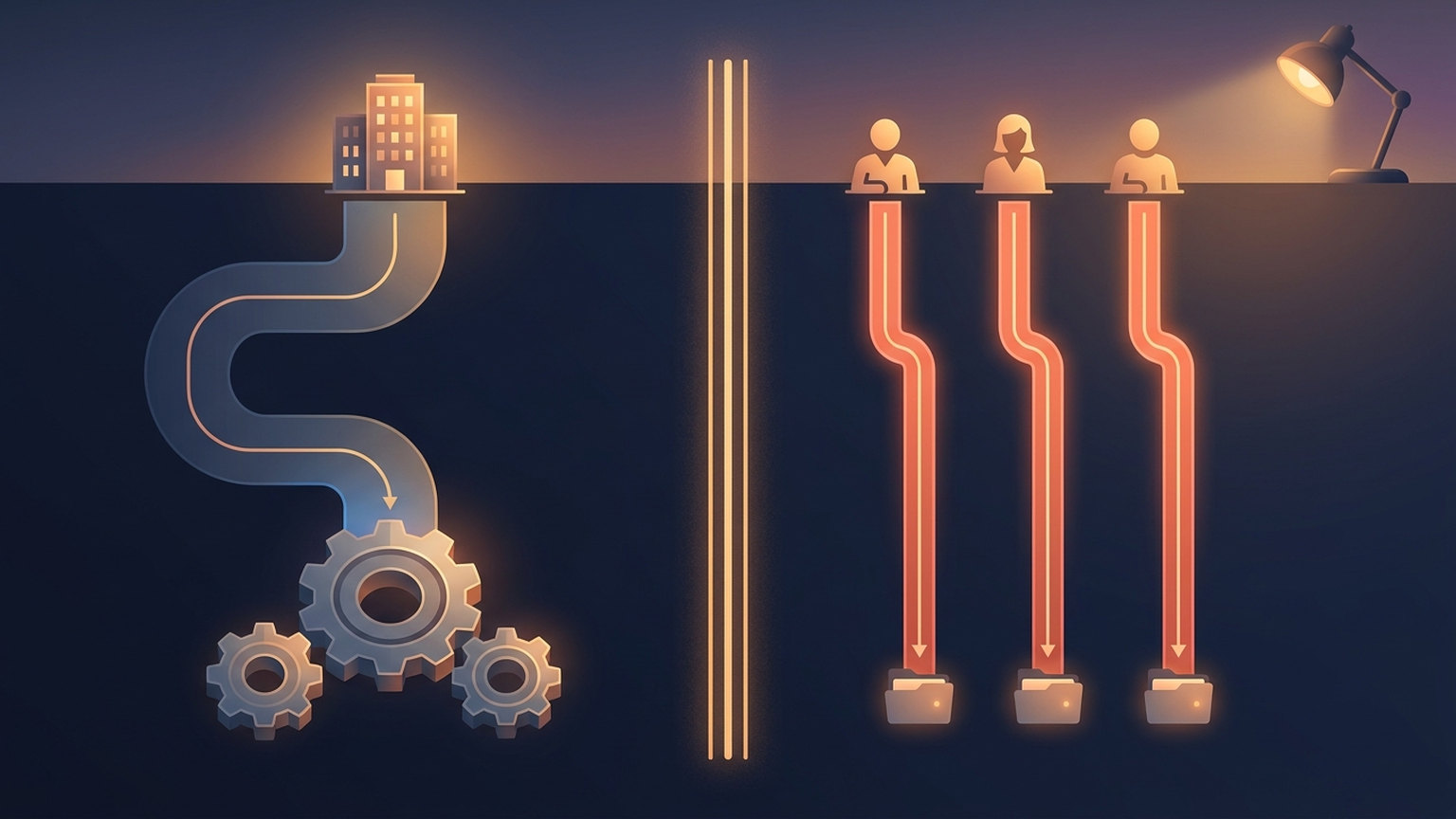 Diagram with a vertical divider: on the left one wide channel runs from an office building down to a cluster of gears; on the right three narrow channels each run from a separate person silhouette down to that person's own folder