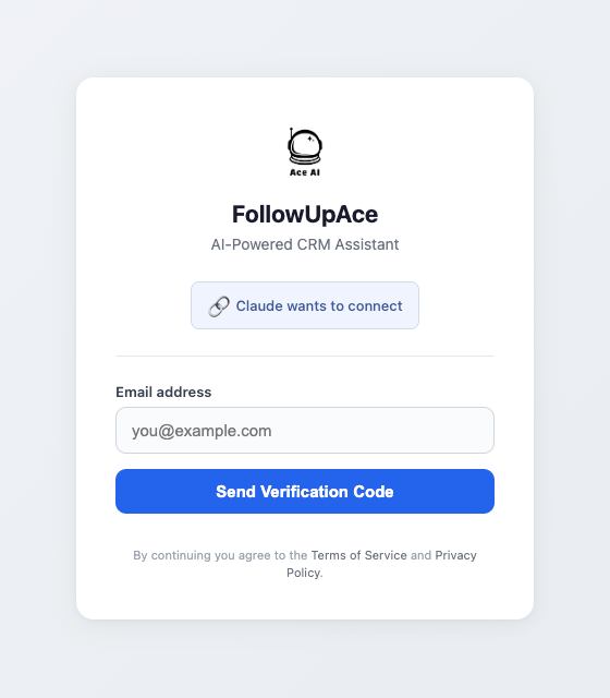 FollowUpAce sign-in card reading Claude wants to connect, with an email address field and a Send Verification Code button