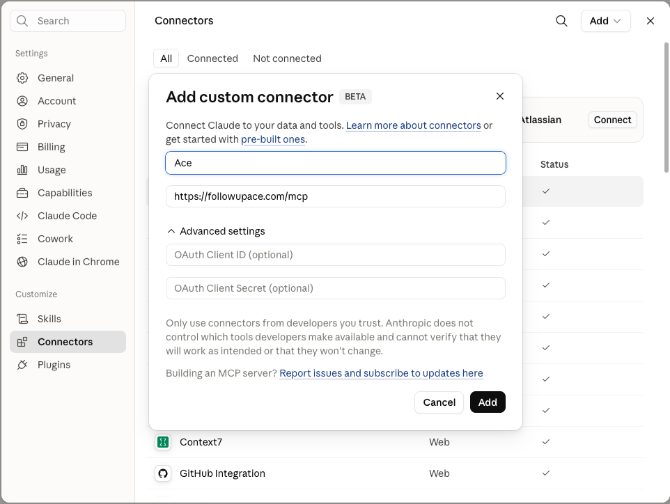 Claude's Add custom connector dialog with the name Ace and the URL https://followupace.com/mcp filled in, OAuth fields left blank